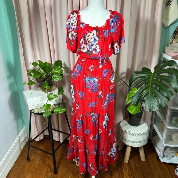 Band of Gypsies Floral Boho Maxi Dress XS Red Viscose Peasant Puff Sleeve Lace - Picture 2 of 12